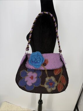 Vtg Rising Tide Purple Floral Wool Shoulder Bag with Blue Flower Accent 15 x 13